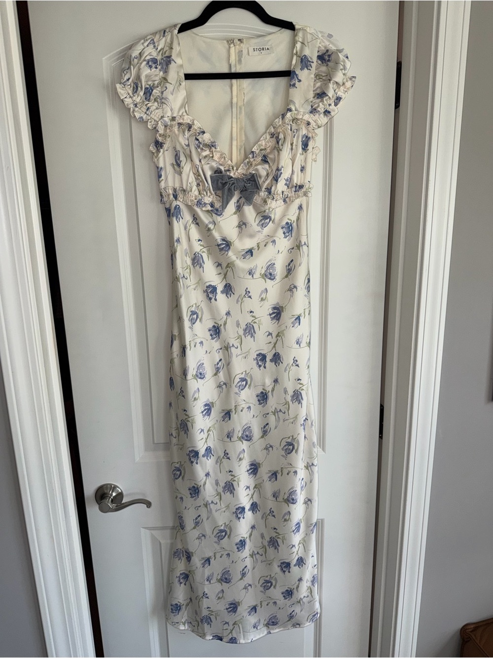Storia Ivory Floral Ruffle Midi Dress with Blue Floral Print